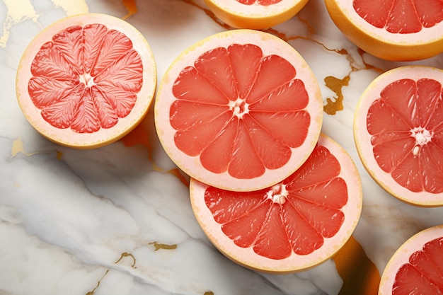 Photo grapefruit slices artistically scattered on a marbl natural sweetness grapefruit image photography