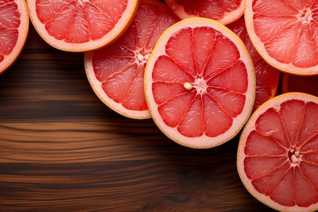 Photo grapefruit slices artistically scattered on a woode natural sweetness grapefruit image photography