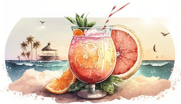 Grapefruit summer cocktail on sea watercolor style illustration Generative Ai