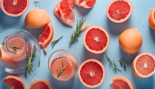 Grapefruit summer one coctail drink with slice of grapefruit and rosemary on blue background