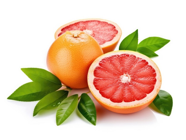 Grapefruit with slices and green leaves isolated on white background