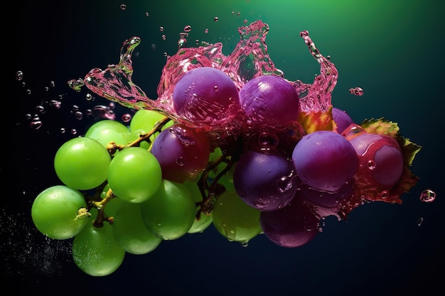 The grapes are falling into a purple and green water Generative AI