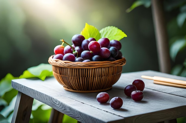 Grapes are placed in a basket on a table