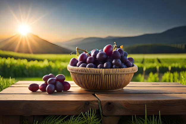 Grapes in a basket on a table in front of a mountain