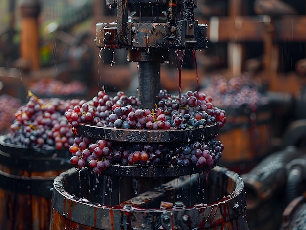 Photo grapes being crushed in a traditional wine press during the early morning harvest season