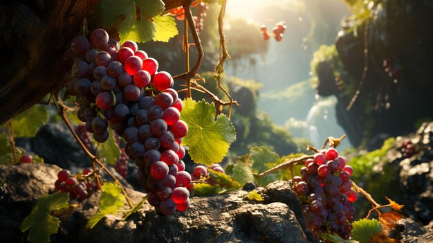 a grapes garden and grapes hanging on the branch