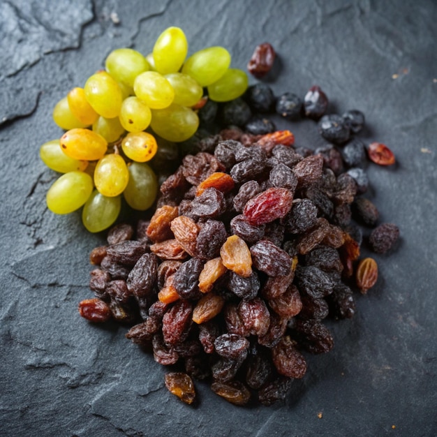 Photo grapes and grapes are on a black stone surface