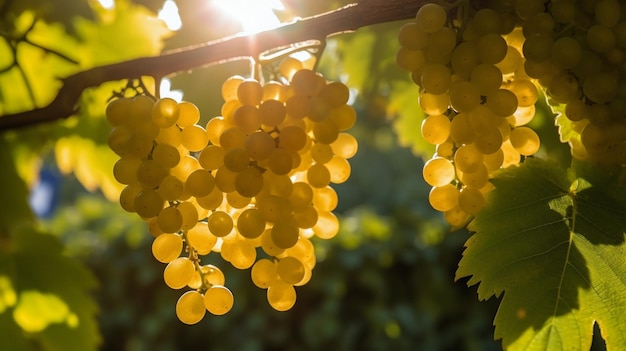 Grapes hanging from a vine with the sun shining on them