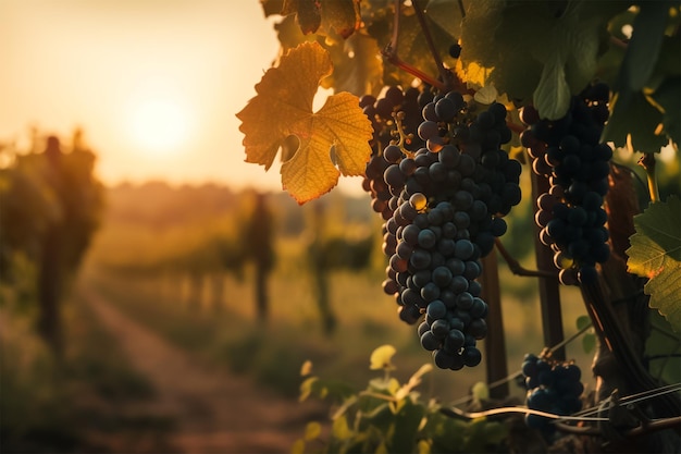 Grapes hanging on a vine in a vineyard