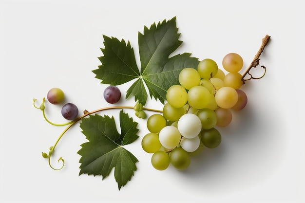 Grapes on a vine with leaves and a green leaf