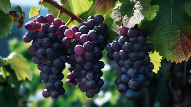 Grapes on a vine with leaves and the word wine on the bottom right