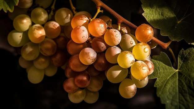 Grapes on a vine with the raindrops on them