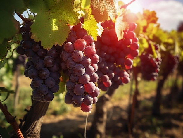 Grapes on a vine with the sun shining on them