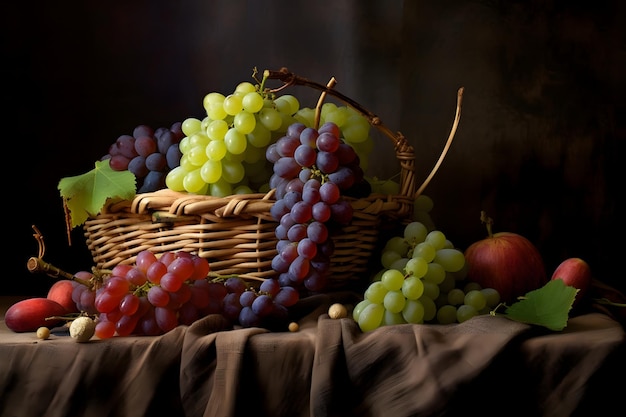 Grapes in a wicker basket on a dark background