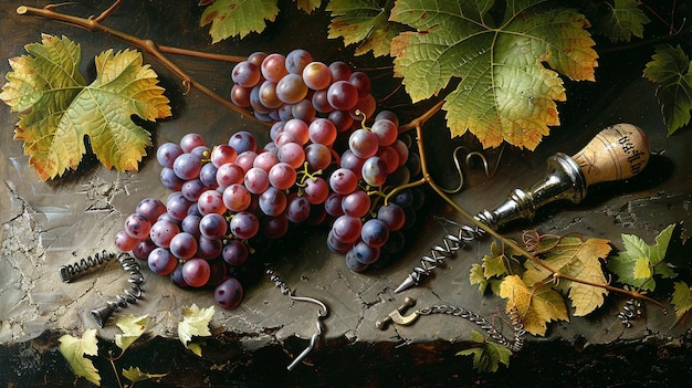 grapes with a knife on a table with a bunch of grapes