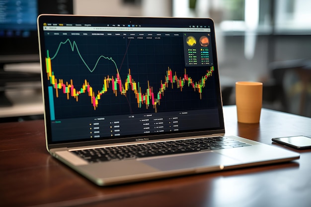 Graph of the crypto market on a laptop screen Cryptocurrency AI generation