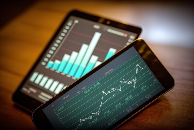 Graph of financial growth global communications on smart phone screen