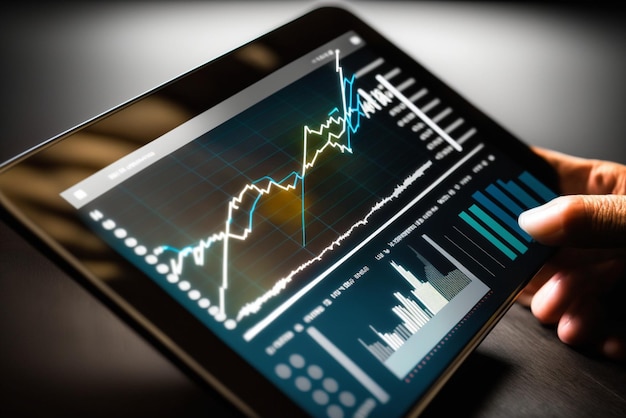 Graph of financial growth global communications on tablet screen