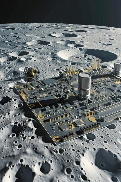 Photo graphic of abstract art of technological advancements on an electronic mainboard set on the lunar surface