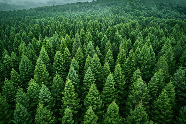 Graphic Aerial view of dense green forest with tall trees top down view drone shot