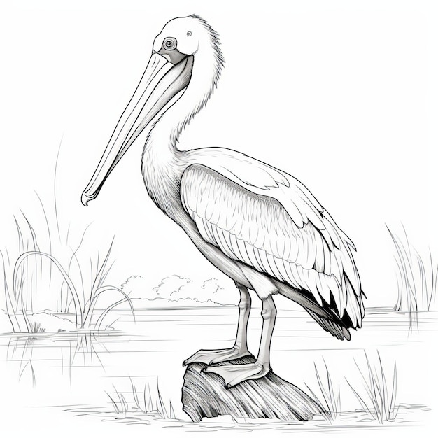 Photo graphic black and white drawing of a pelican standing in water