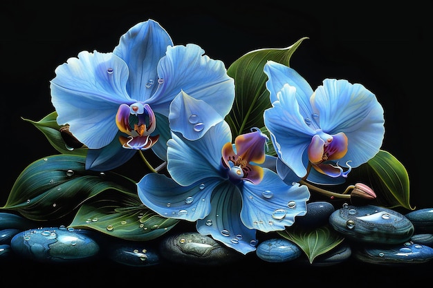 Graphic blue orchid flowers with spa stones and green leaves on a black background