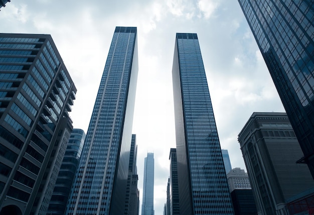 Graphic Cityscape with tall buildings viewed from below dramatic and realistic