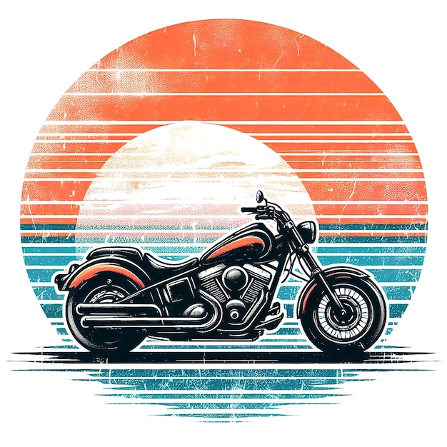 A graphic of a classic motorcycle on Illustration and Vintage style distressed sunset design