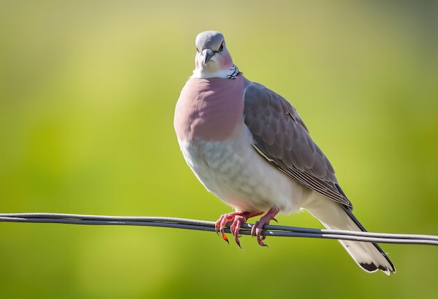 Photo graphic closeup of zebra dove bird perched on a wire with a blurred green background wideangle le