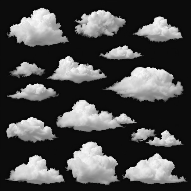 Graphic Collection of white clouds isolated on a black background