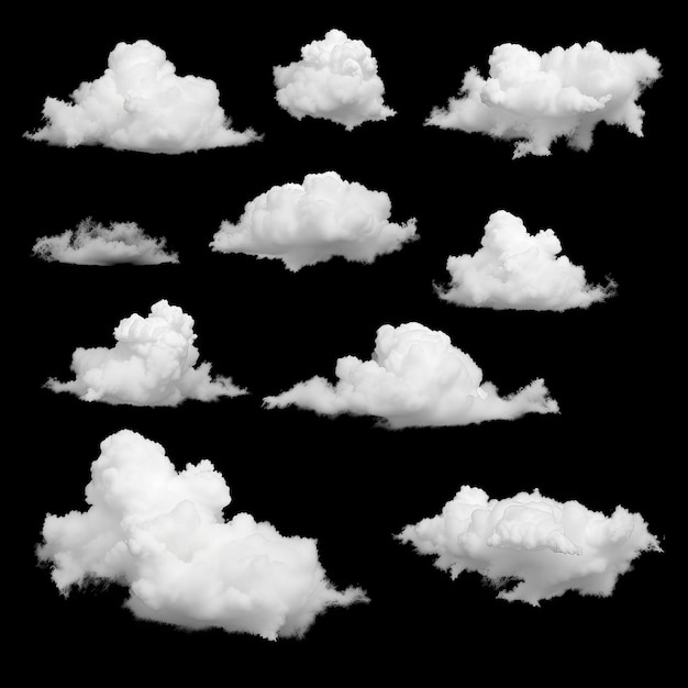 Graphic Collection of white clouds isolated on a black background