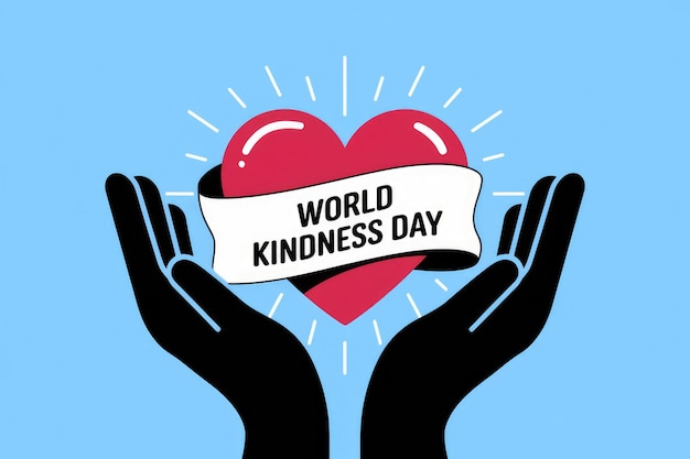 A graphic design celebrating World Kindness Day with a heart held in cupped hands