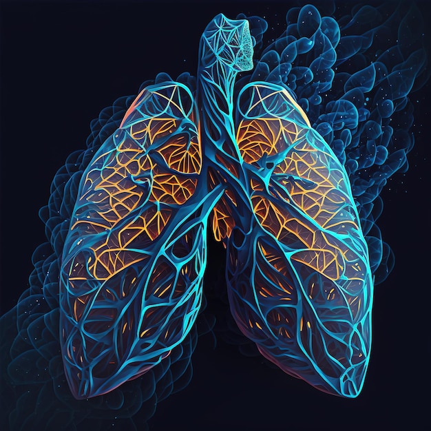 Graphic Design Concept 3D Human Lung Illustration with Smoked Iron, Metal, Gold, and Wood Elements