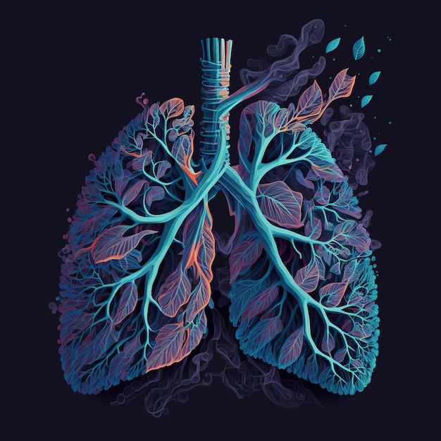 Graphic Design Concept 3D Human Lung Illustration with Smoked Iron, Metal, Gold, and Wood Elements