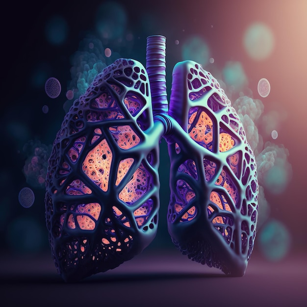 Graphic Design Concept 3D Human Lung Illustration with Smoked Iron, Metal, Gold, and Wood Elements