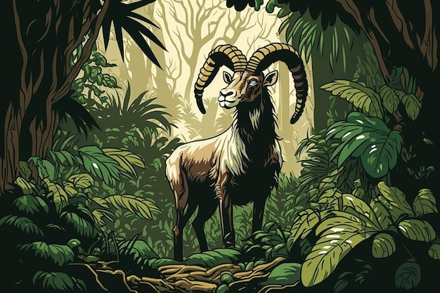 A graphic design illustrations of a goat standing in the middle of green colored forest leaves