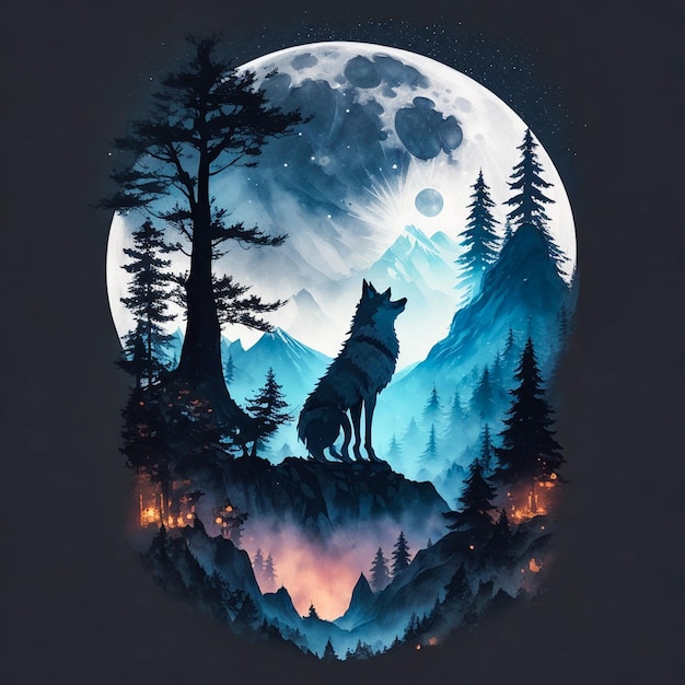 Graphic design for tshirt A detailed illustration wolf trees mountains and the full moon warrior