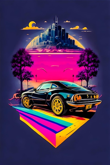 Graphic design tshirt flat design car Miami street colorful hues highly detailed clean vector