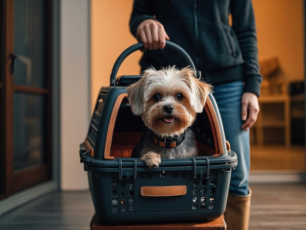 Photo graphic designer arms holding a pet carrier and a pet 3_1