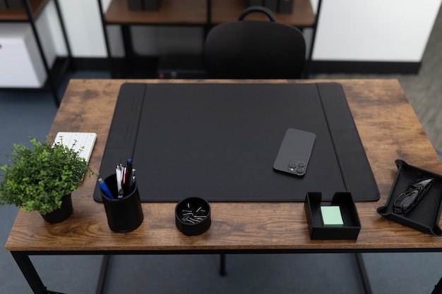 Graphic designer desk workspace in office with plant on table