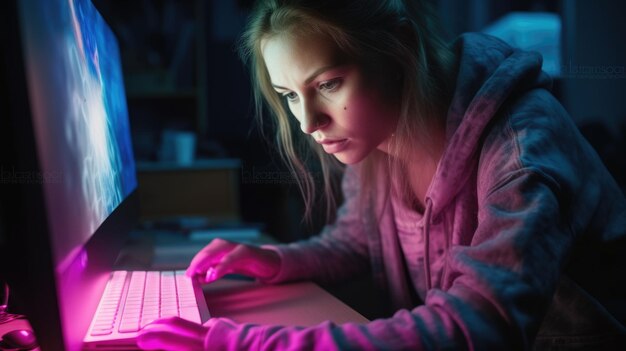 Graphic Designer Female Caucasian Young Adult Working on a computer at a desk in Indoor Generative AI AIG22