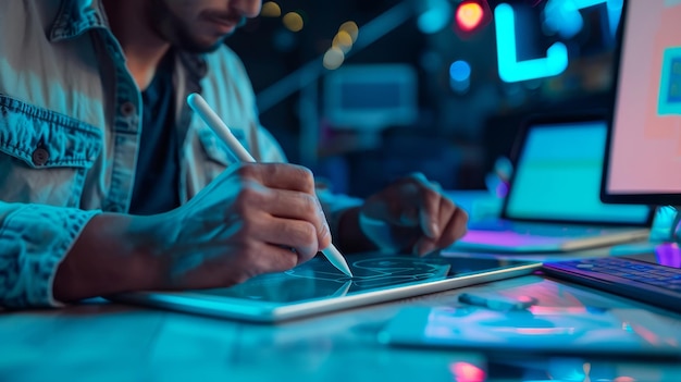 Photo a graphic designer is sketching a logo on a tablet using a stylus he is focused on his work an