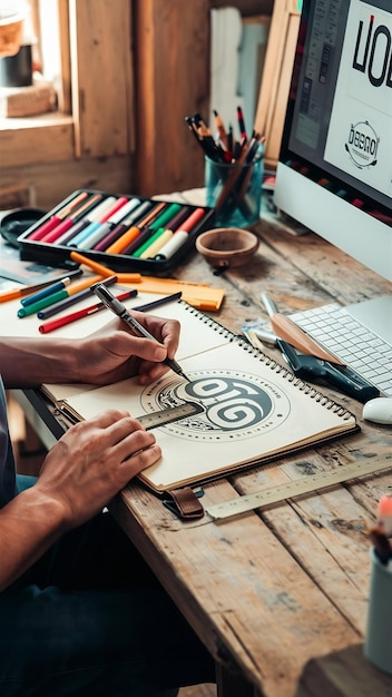 Graphic designer making a logo on a notebook