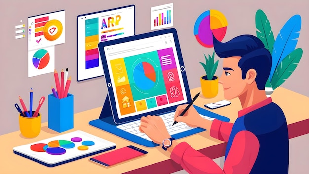 Graphic Designer with Digital Tools and Colorful Data Visualization Creative Professional at Work