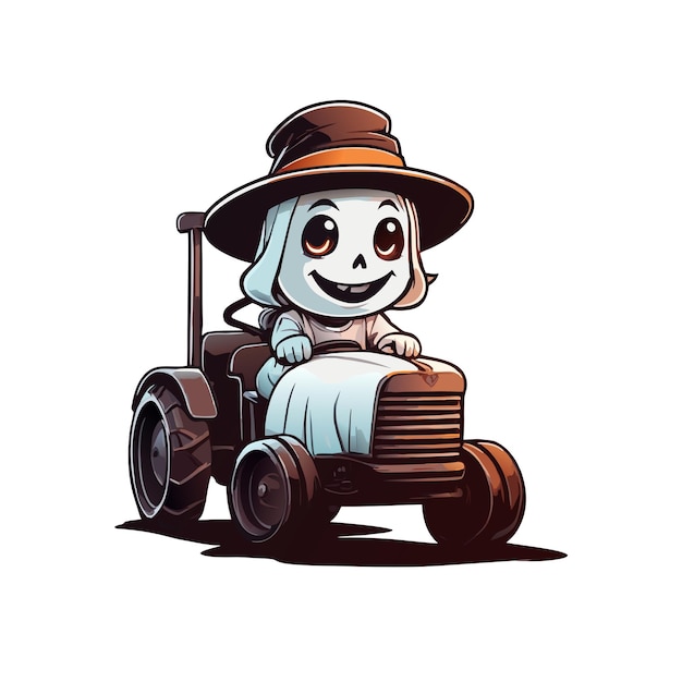 Photo graphic of a ghost in a hat riding an old brown tractor