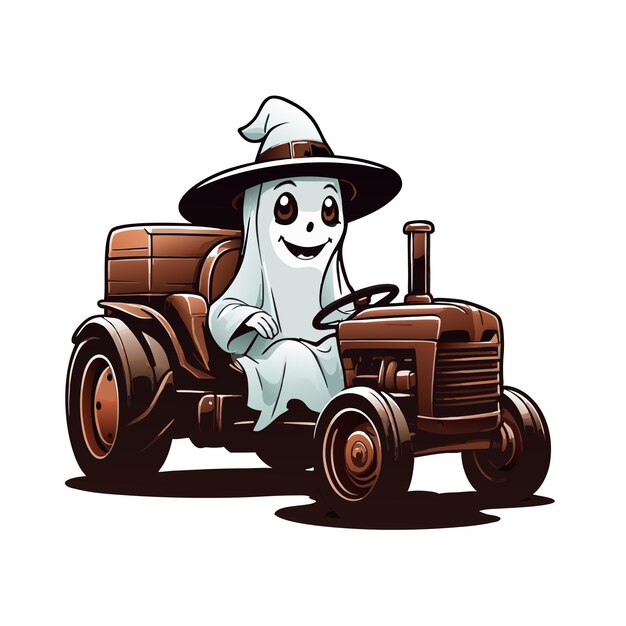 Photo graphic of a ghost in a hat riding an old brown tractor