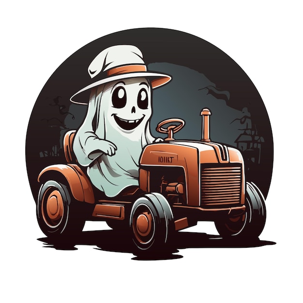 Photo graphic of a ghost in a hat riding an old brown tractor