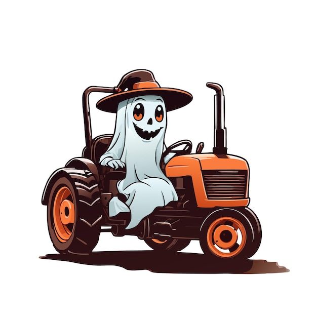 Photo graphic of a ghost in a hat riding an old brown tractor