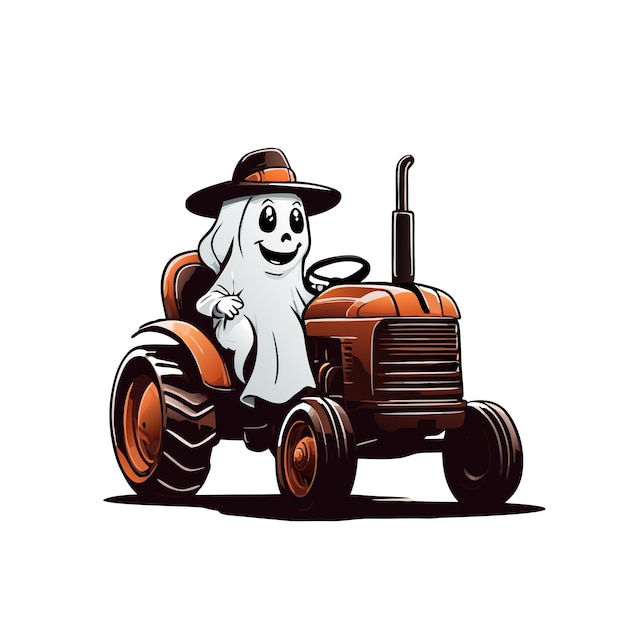 Photo graphic of a ghost in a hat riding an old brown tractor