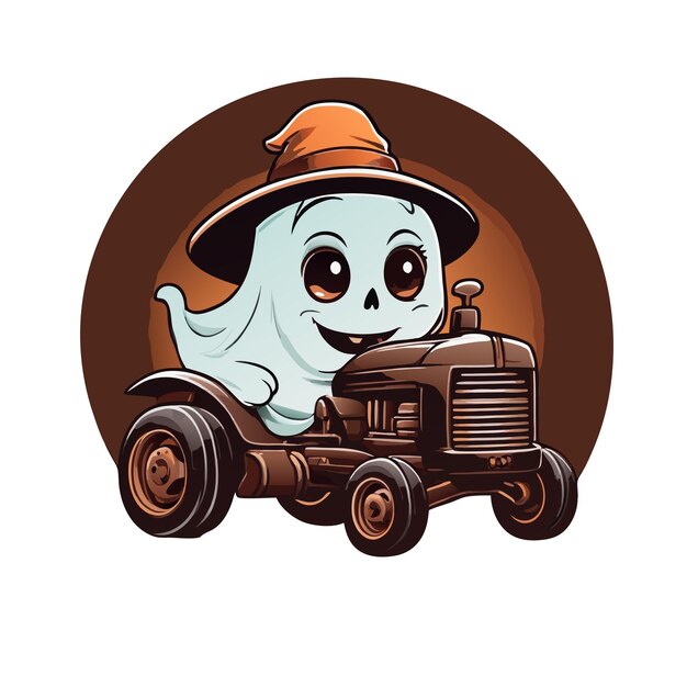 Photo graphic of a ghost in a hat riding an old brown tractor